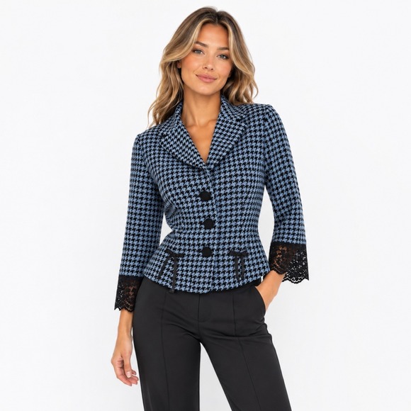 Kay Unger Jackets & Blazers - Unger Blazer Size 8 Blue Black Houndstooth Wool Blend Lace Trim Tailored Y2K